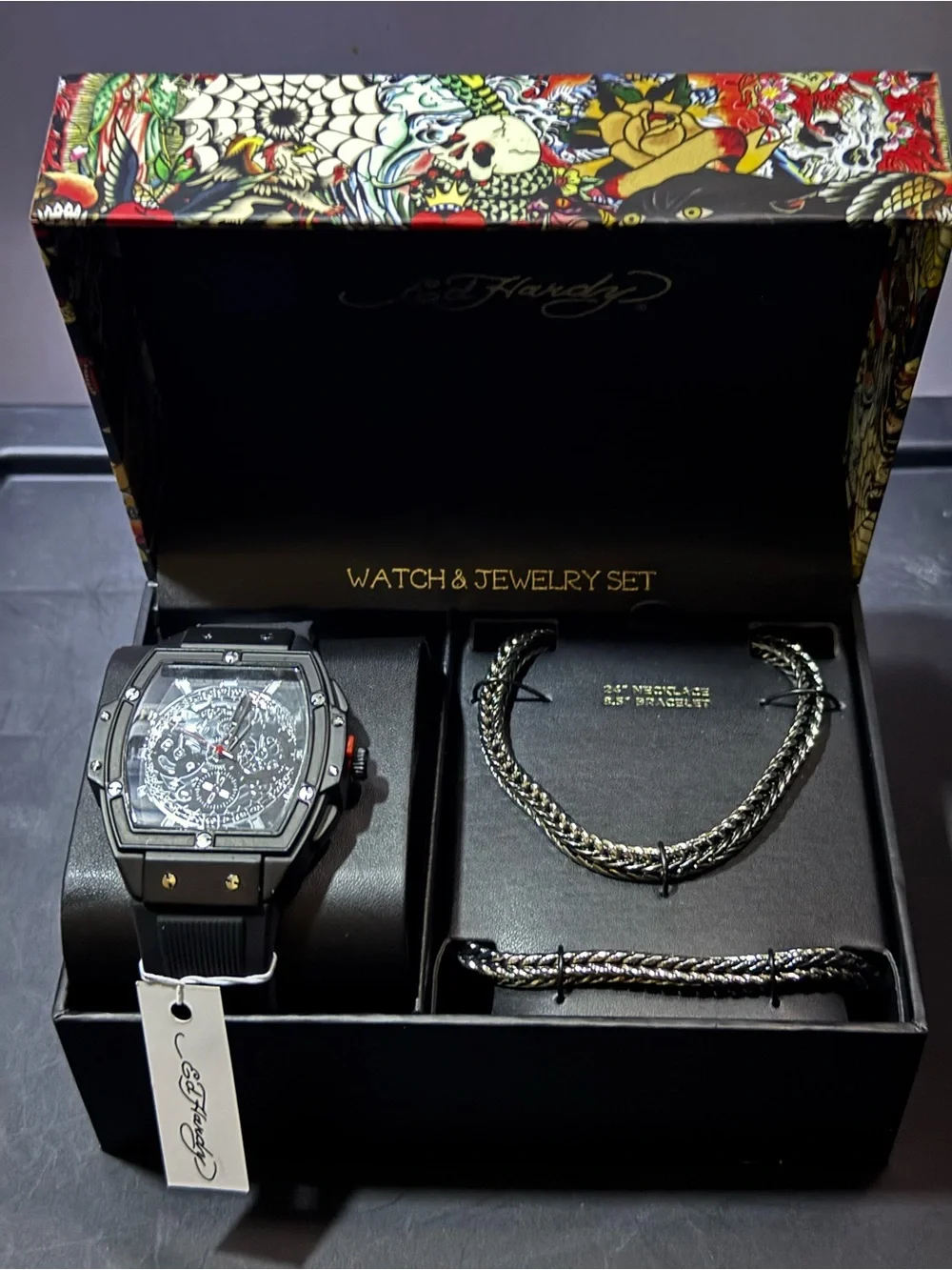 Ed Hardy Black and Silver Men's Watch & Jewelry Set